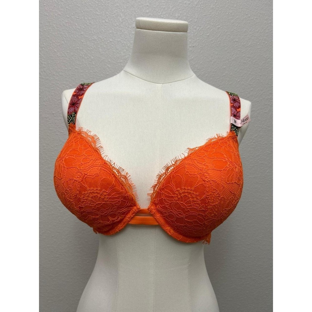 NWT Victoria's Secret Very Sexy Orange Lace Rhinestone Shine Strap Push-up 34DDD